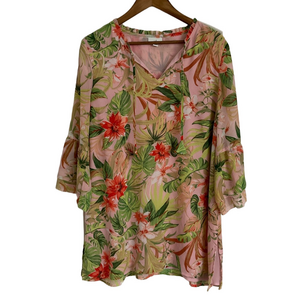 J. Jill Seashell Pink Tropical Floral Chiffon Tunic Top Size Large